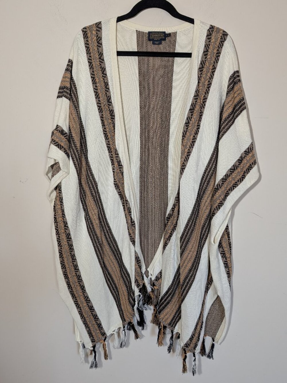 Pendelton 100% Pima Cotton Tassel Poncho Ruana Aztec Southwestern XL Cream